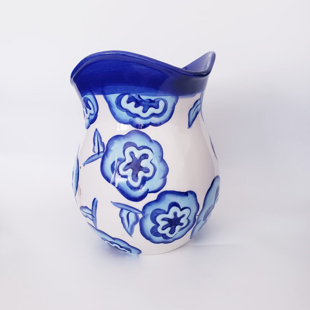 Cobalt Blue and White Floral Pitcher Summer Boho - Picture 4 of 6